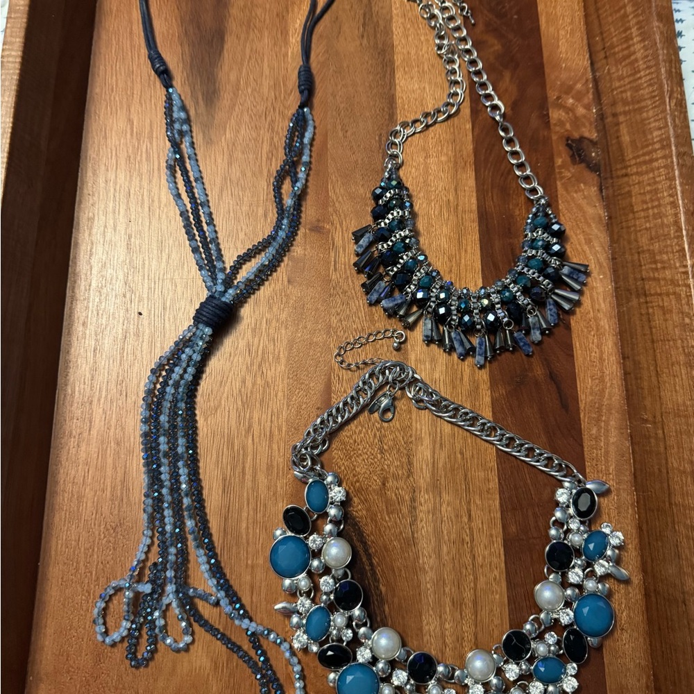 Grab Bag-Statement Blue and Silver Necklace Trio-Denim Blue Hues!